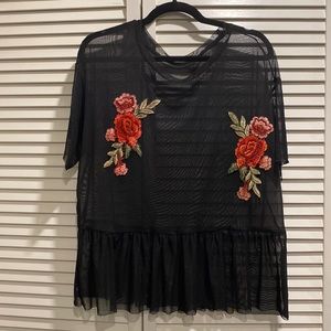 Sheer Black Top with Floral Appliqué